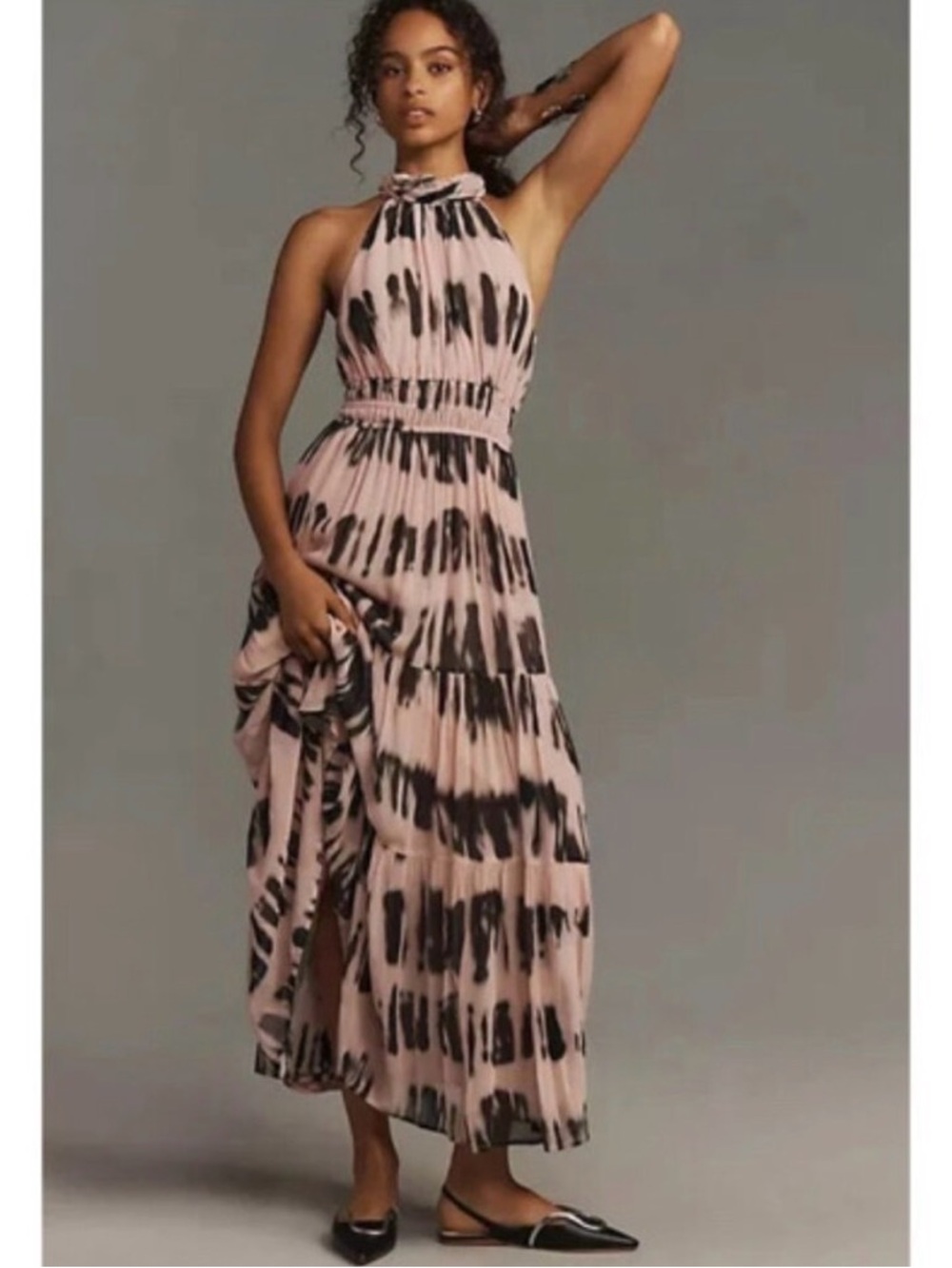 Anthropologie Pink Maxi Dress with Dark Brown Brushstrokes